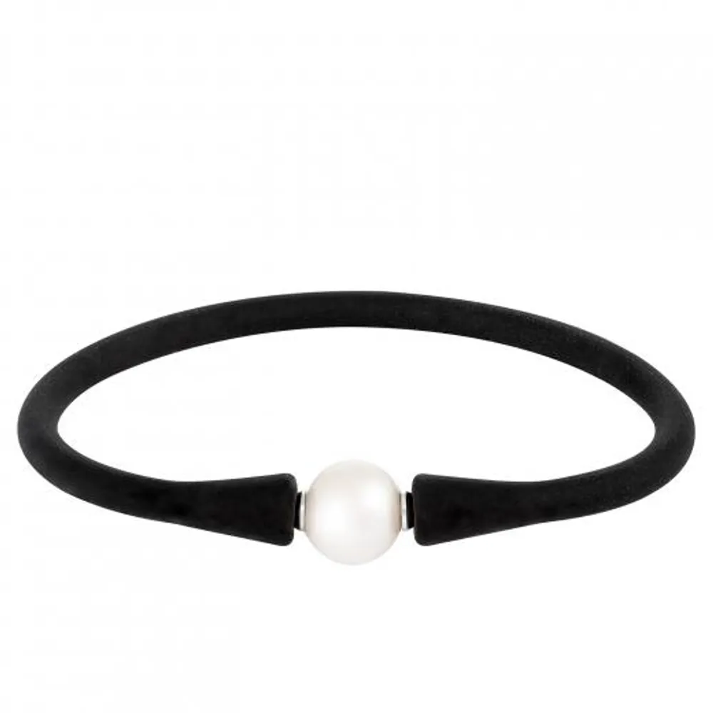 Black Silicone White Freshwater Pearl 8" Bracelet