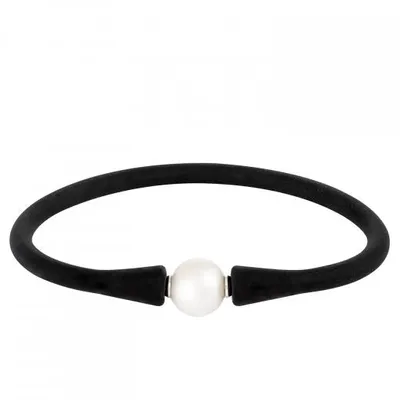 Black Silicone White Freshwater Pearl 8" Bracelet