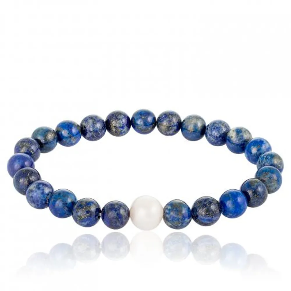 Lapis Beaded Elastic White Freshwater Pearl 8" Bracelet