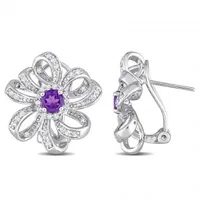 Julianna B Sterling Silver African Amethyst & White Topaz Floral Clip Earrings