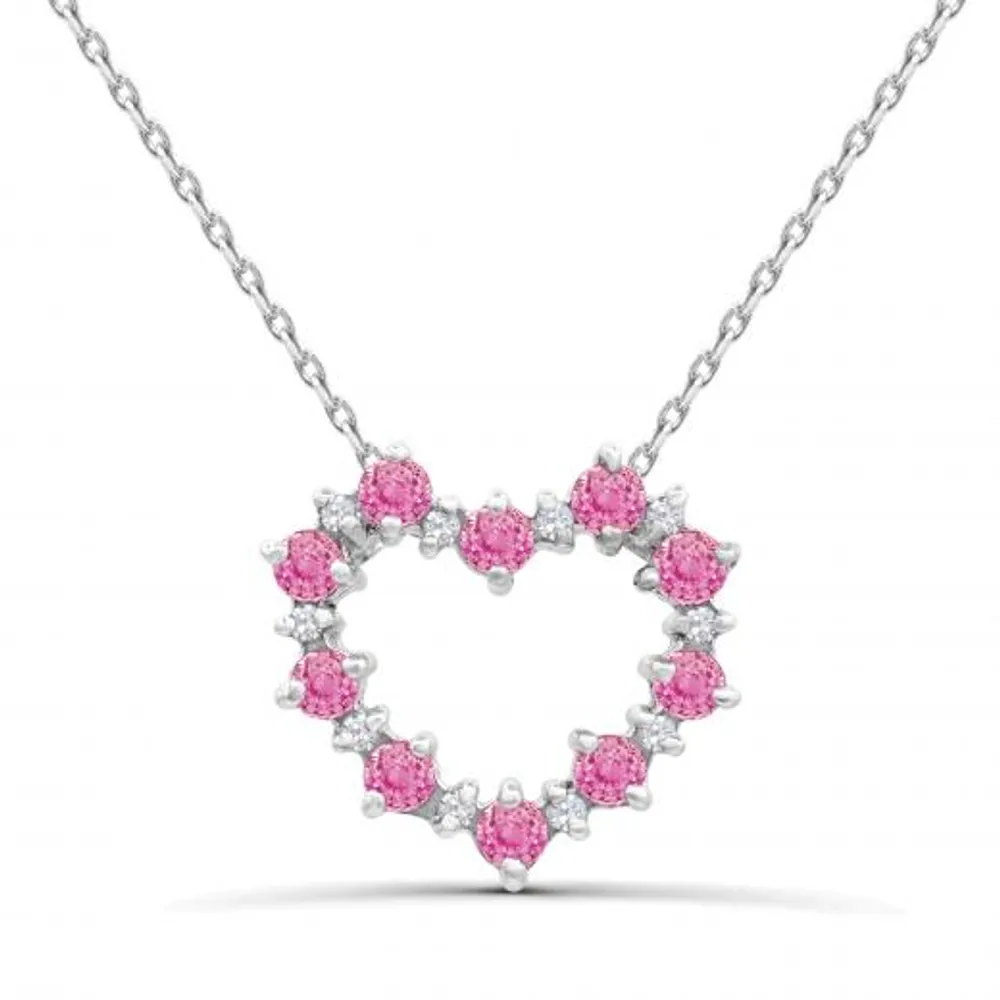 Sterling Silver Created Pink & White Sapphire Heart Necklace