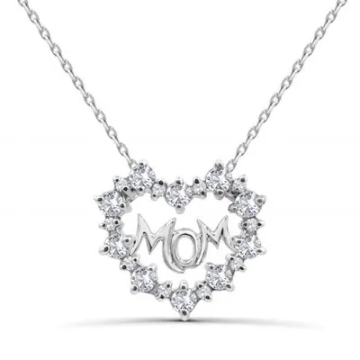 Sterling Silver Created White Sapphire Mom Heart Necklace
