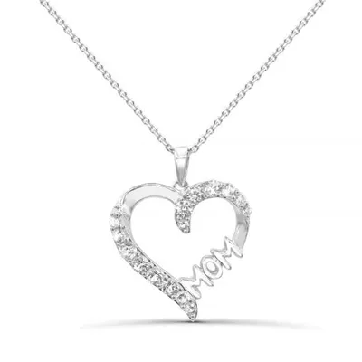 Sterling Silver Created White Sapphire Mom Heart Necklace