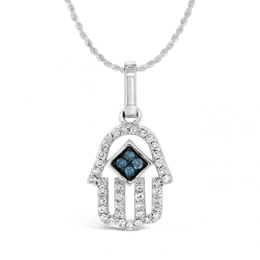 Sterling Silver 0.10CTW White & Blue Diamond Hamsa Pendant