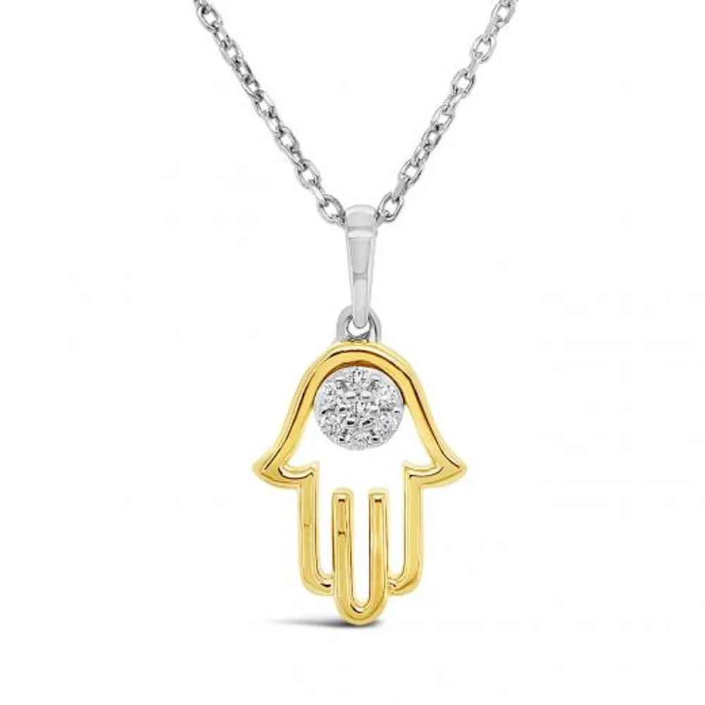 Sterling Silver 10K Yellow Gold Diamond Hamsa Pendant