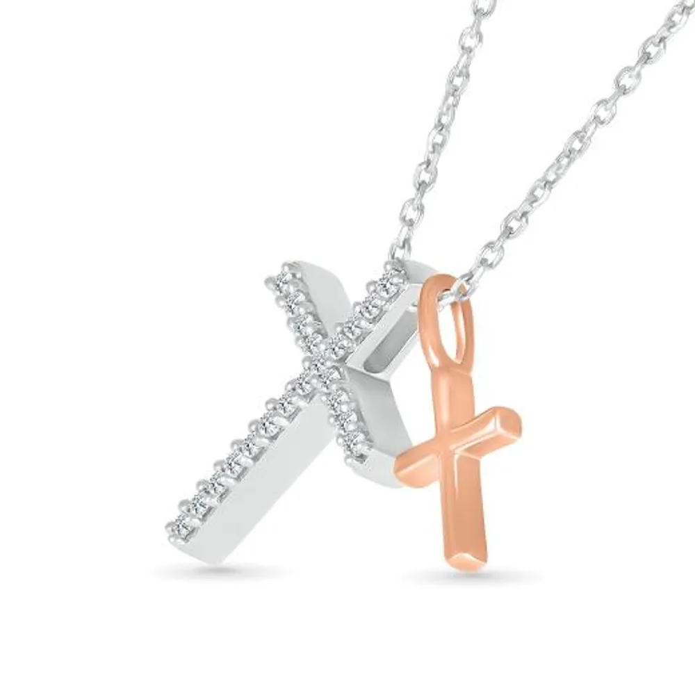 Sterling Silver & Rose Gold Diamond Crosses Necklace