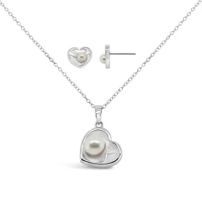 Sterling Silver White Freshwater Pearl Heart Shaped Pendant and Earrings