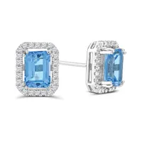 10K White Gold Swiss Blue Topaz & White Zircon Stud Earrings