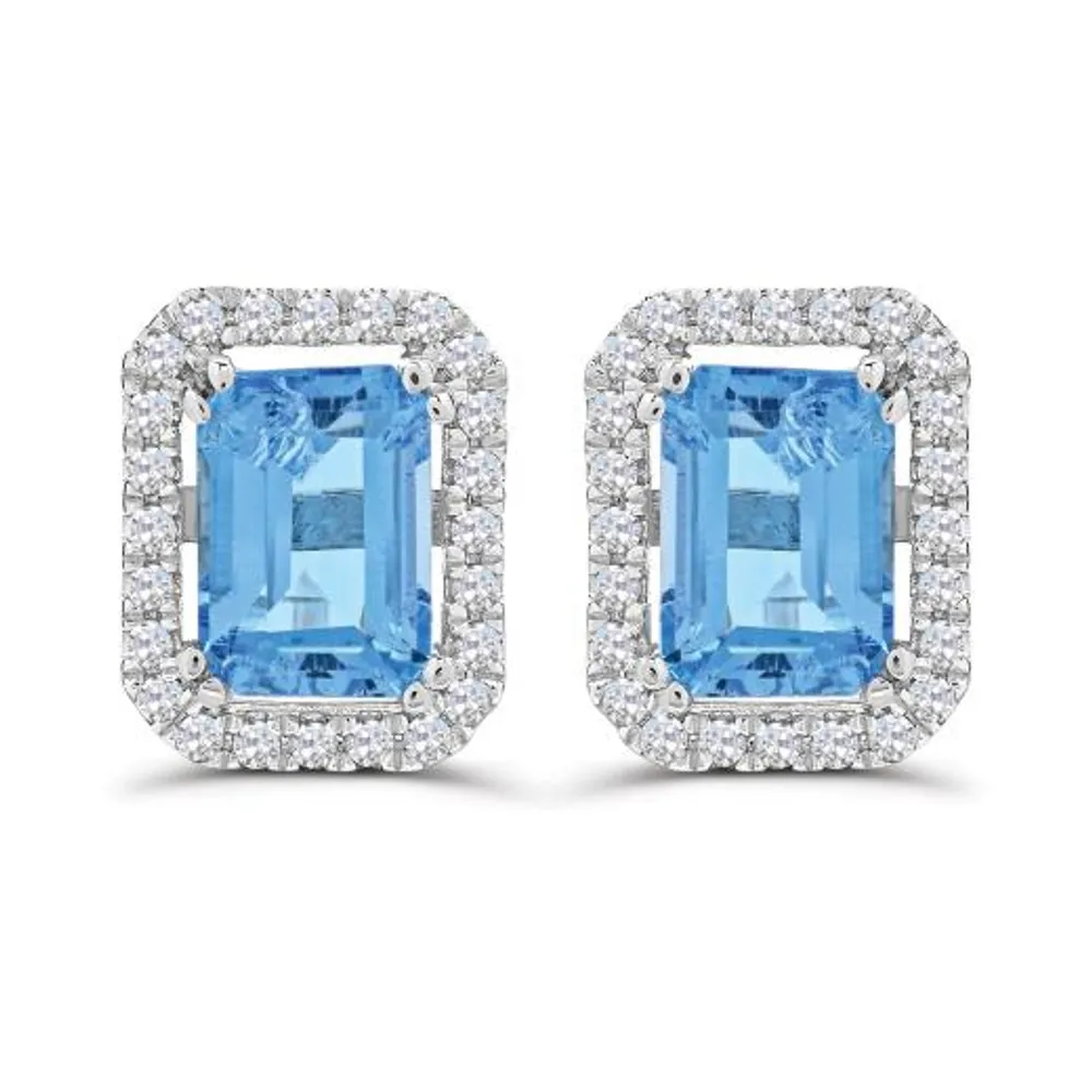 10K White Gold Swiss Blue Topaz & White Zircon Stud Earrings