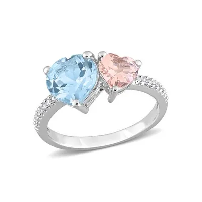 Julianna B Sterling Silver 0.10CTW Diamond, Blue Topaz & Morganite Ring
