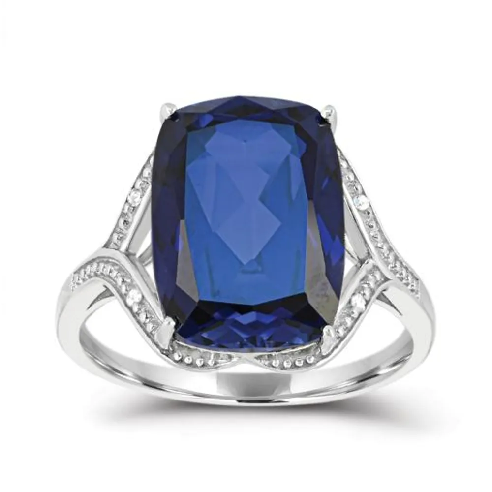 Sterling Silver Created Blue Sapphire & Diamond Ring