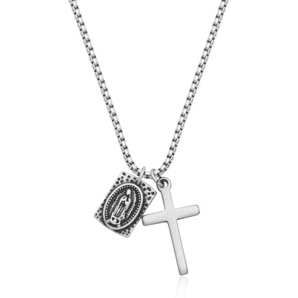 Stainless Steel 24" Cross & Medallion Amulet Pendant