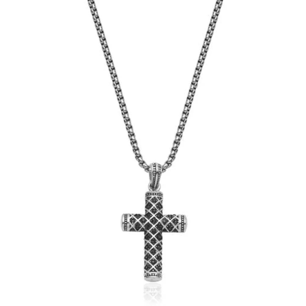 Stainless Steel 24" Cross Pendant with Black Cubic Zirconia