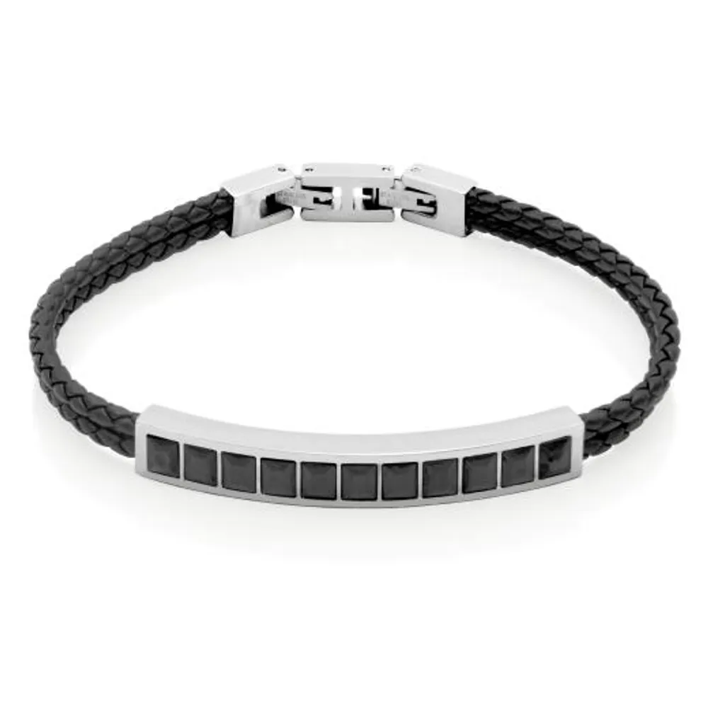 Stainless Steel 8.25+0.5" Black Cubic Zirconia Leather Bracelet