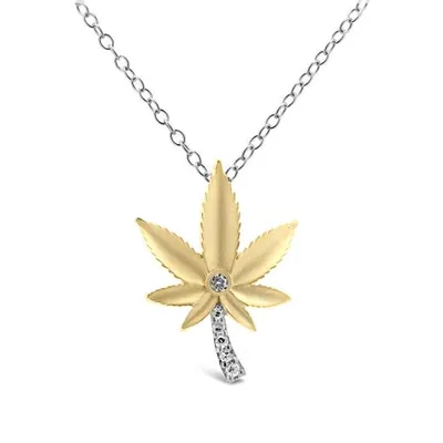 Sterling Silver Yellow Gold Plated Diamond Hemp Leaf Pendant