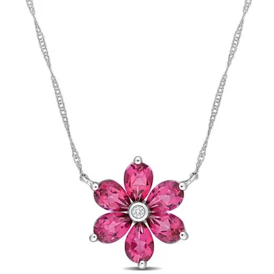 Julianna B 10K White Gold Pink Topaz & Diamond Flower Necklace