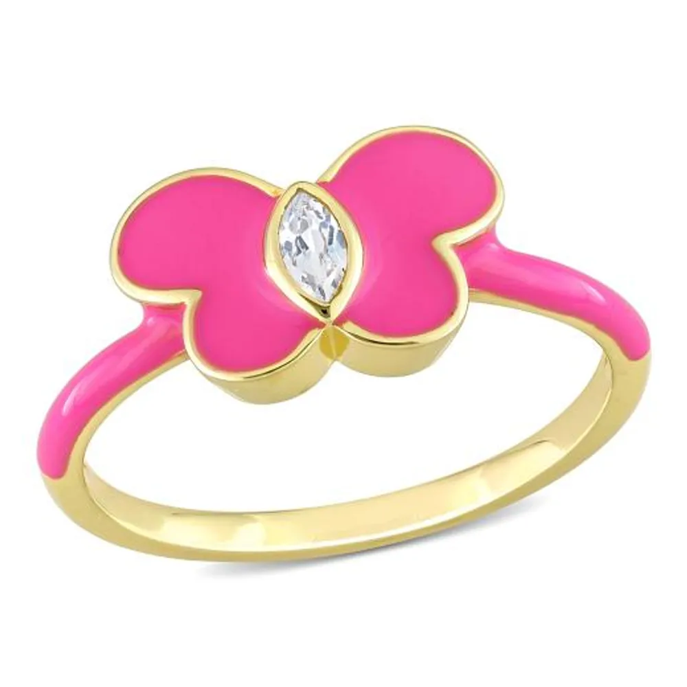 Julianna B Sterling Silver Yellow Plated Created White Sapphire Pink Enamel Ring