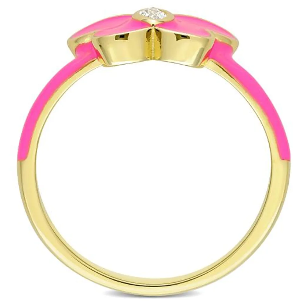 Julianna B Sterling Silver Yellow Plated Created White Sapphire Pink Enamel Ring