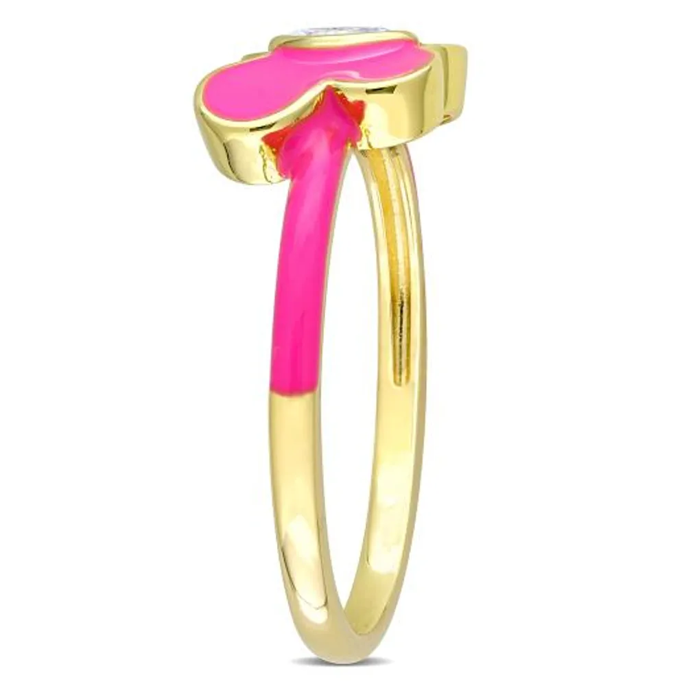 Julianna B Sterling Silver Yellow Plated Created White Sapphire Pink Enamel Ring