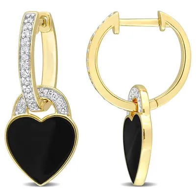 Julianna B Sterling Silver Yellow Plated Diamond and Black Enamel Heart Earrings