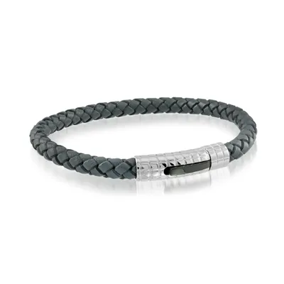 Black Leather Bracelet with Gray Clasp