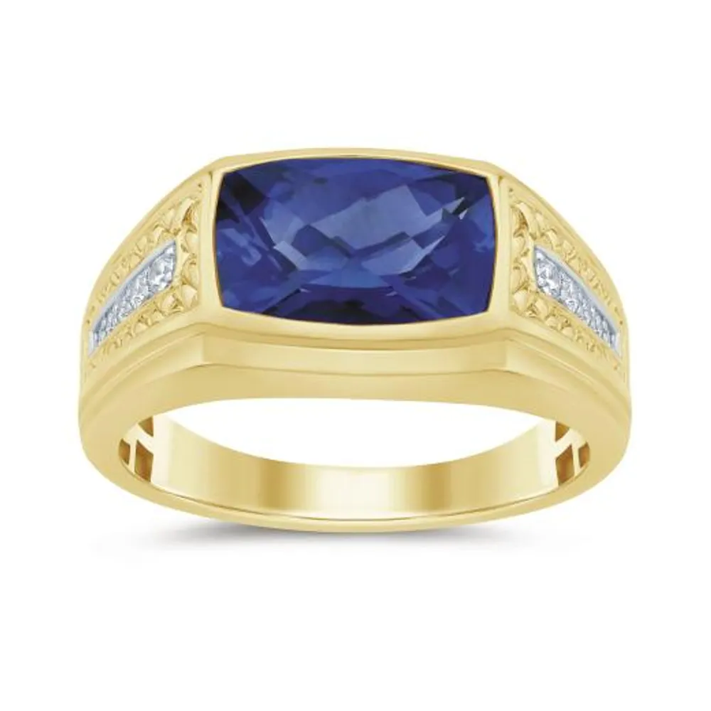 10K Yellow Gold Created Sapphire & Diamond Ring