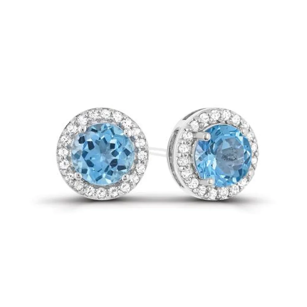 Sterling Silver Swiss Blue Topaz and White Topaz Halo Earrings