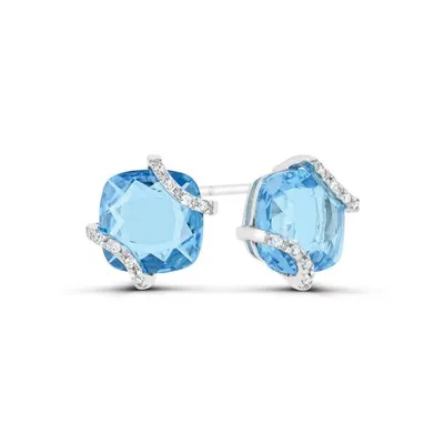 10K White Gold Swiss Blue Topaz and Diamond Earrings