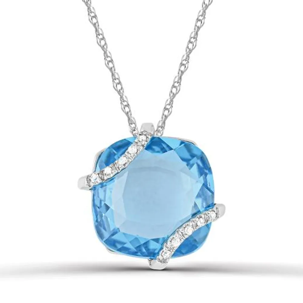 10K White Gold Swiss Blue Topaz and Diamond 18" Pendant