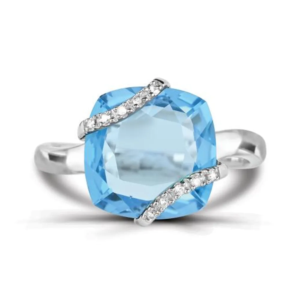 10K White Gold Swiss Blue Topaz & Diamond Ring