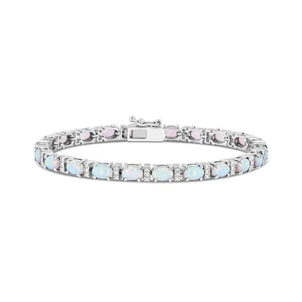 Sterling Silver Created Opal and Diamond Bracelet