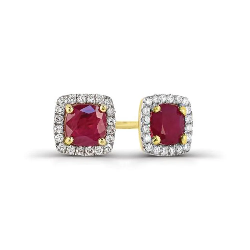 14K Yellow Gold Ruby and Diamond Halo Earrings