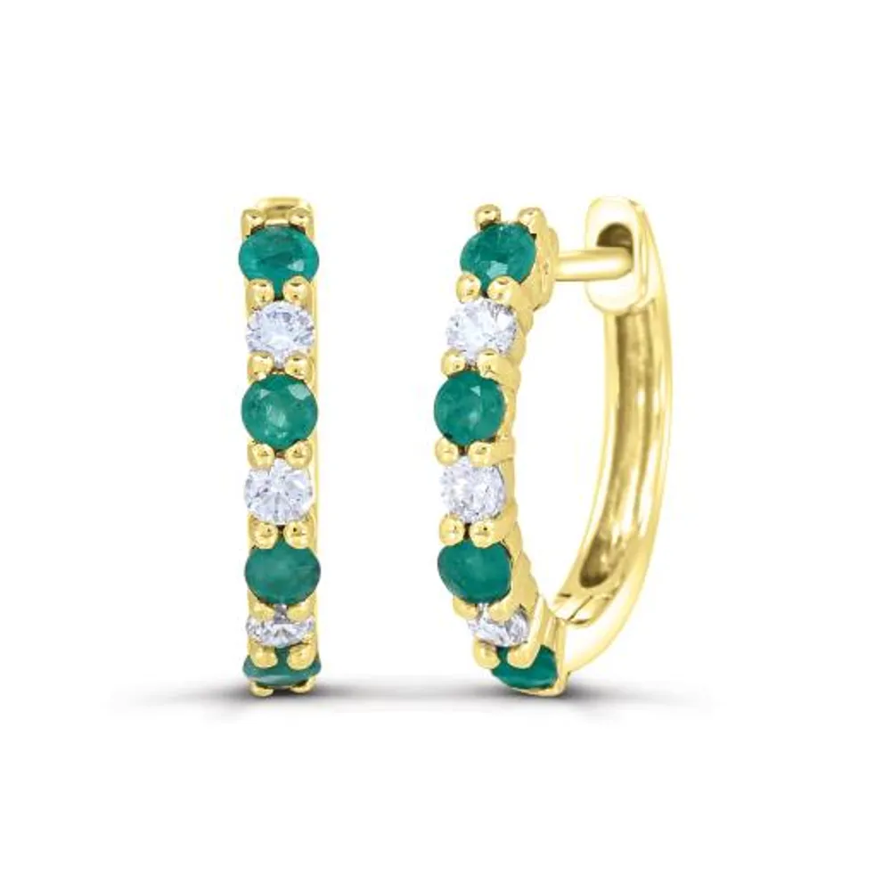 14K Yellow Gold Emerald and Diamond Hoop Earrings