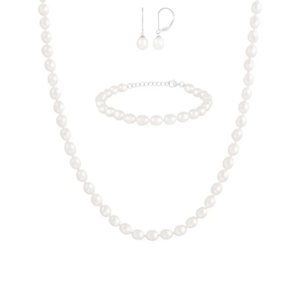 Sterling Silver 6-7mm Freshwater Pearl Necklace, Bracelet and Earring Set