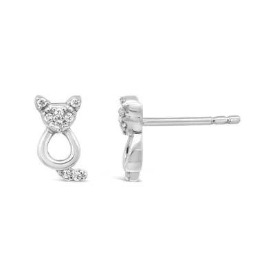 Charming Friends Sterling Silver Diamond Cat Stud Earrings