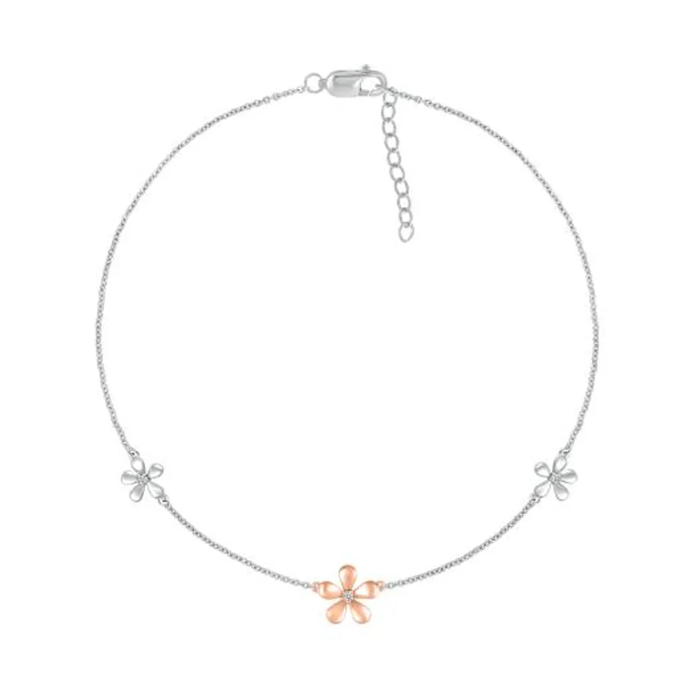 Bella Moda Sterling Silver & 10K Rose Gold Diamond Flower Anklet