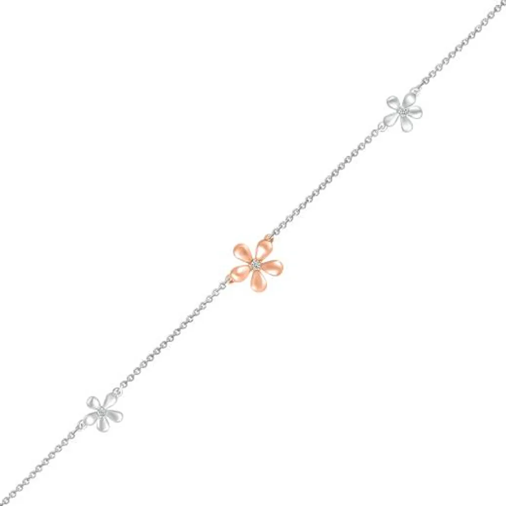 Bella Moda Sterling Silver & 10K Rose Gold Diamond Flower Anklet