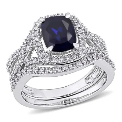 Julianna B 10K White Gold Created Blue Sapphire and Diamond Bridal Set