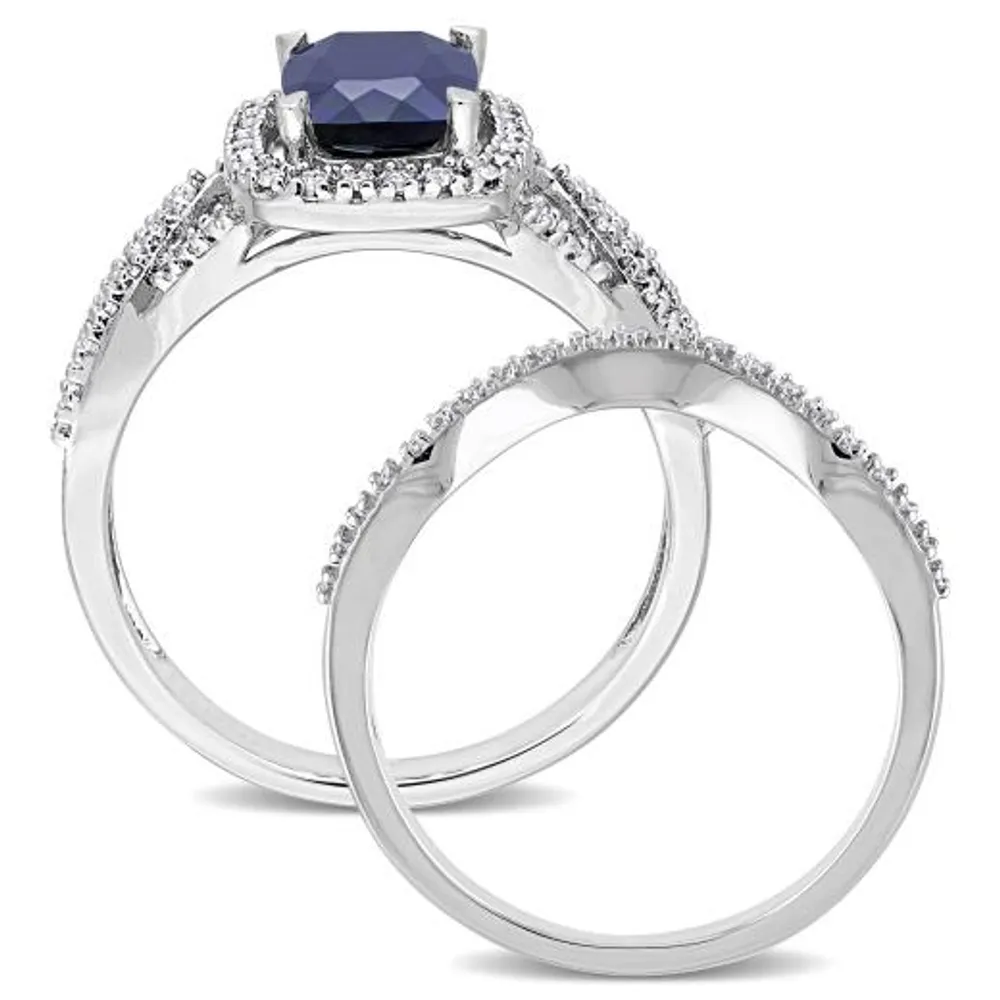 Julianna B 10K White Gold Created Blue Sapphire and Diamond Bridal Set