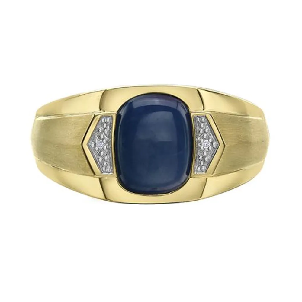 10K Yellow Gold Created Blue Star Sapphire and Diamond Men's Ring