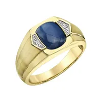 10K Yellow Gold Created Blue Star Sapphire and Diamond Men's Ring