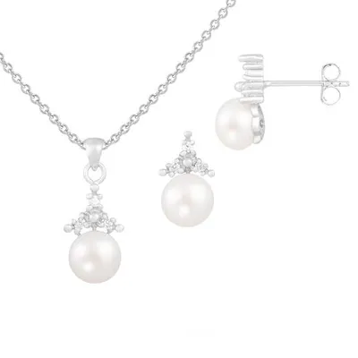 Sterling Silver 6-7mm White Freshwater Pearl Earring and 17" Necklace Set