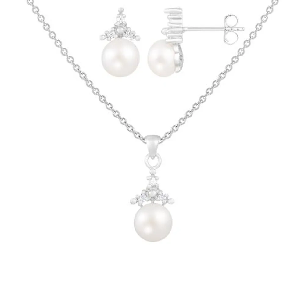 Sterling Silver 6-7mm White Freshwater Pearl Earring and 17" Necklace Set