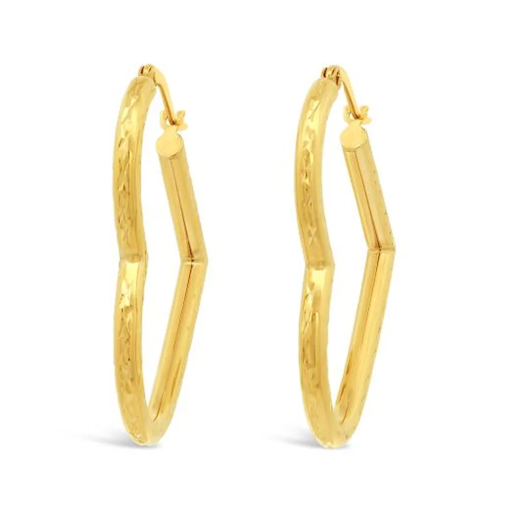 10K Yellow Gold Diamond Cut Heart Hoop Earrings