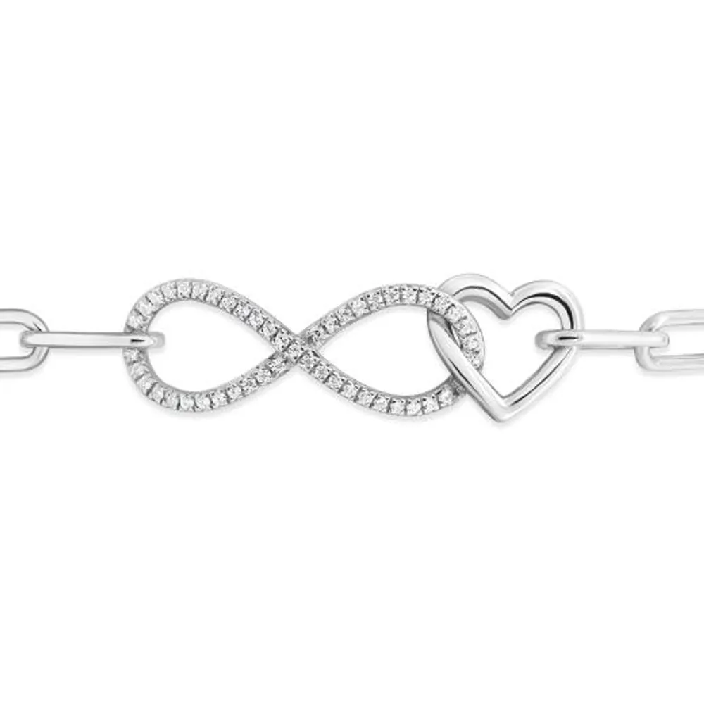 Sterling Silver 0.15CTW Diamond Infinity Heart Paperclip Bracelet