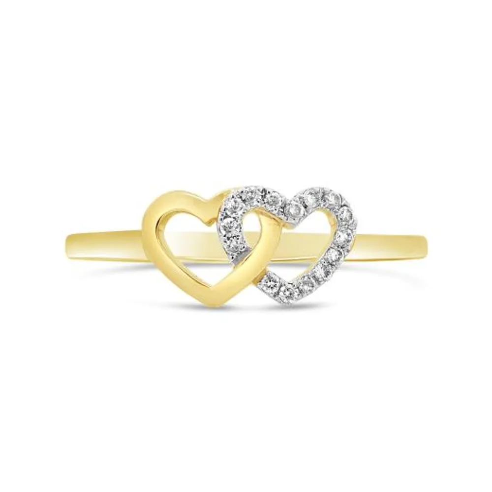 10K Yellow Gold Diamond Double Heart Promise Ring