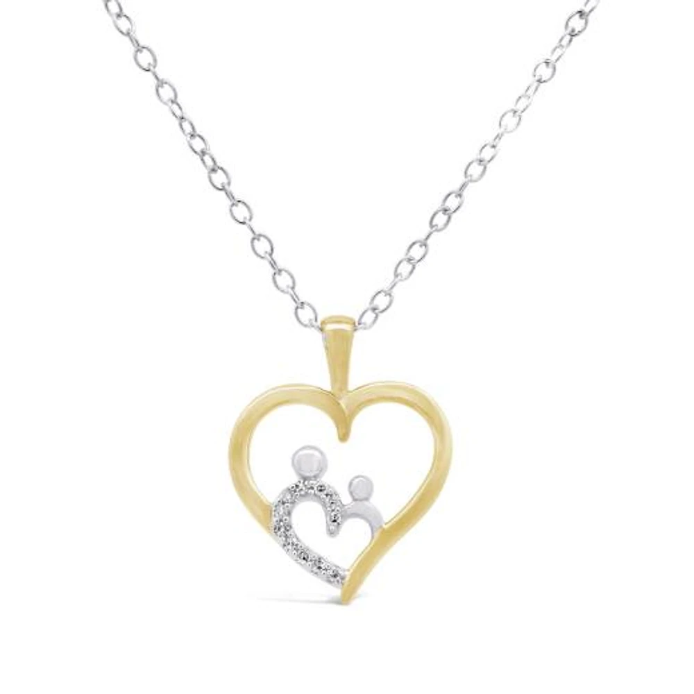 Sterling Silver Yellow Gold Plated Diamond Heart Mom and Child Pendant