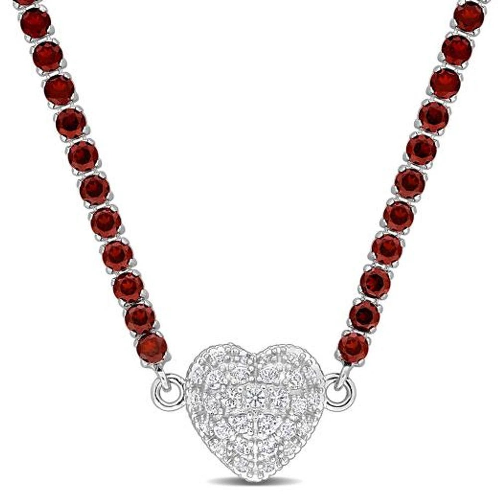Julianna B Sterling Silver Garnet and Created White Sapphire Heart 17" Necklace