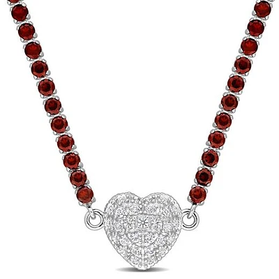 Julianna B Sterling Silver Garnet and Created White Sapphire Heart 17" Necklace