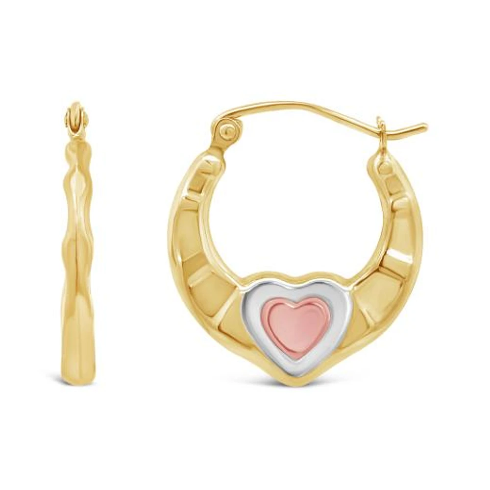 14K Tri Gold 18mm Heart Hoop Earrings